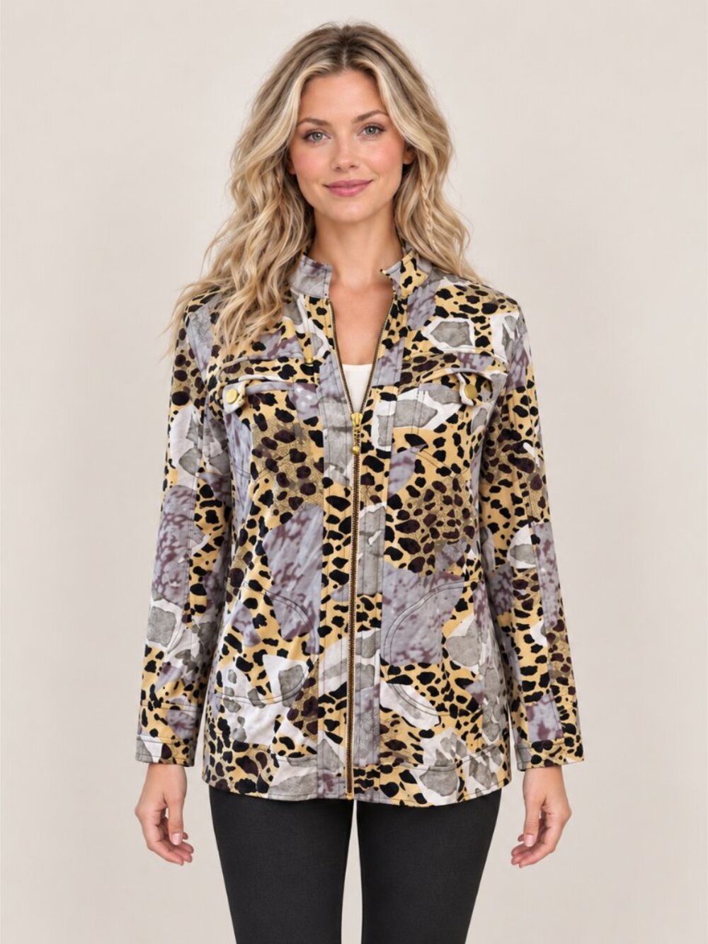 Berek 2 Animal Print Zip Jacket Grey Cream Yellow Lightweight Soft Cotton  S